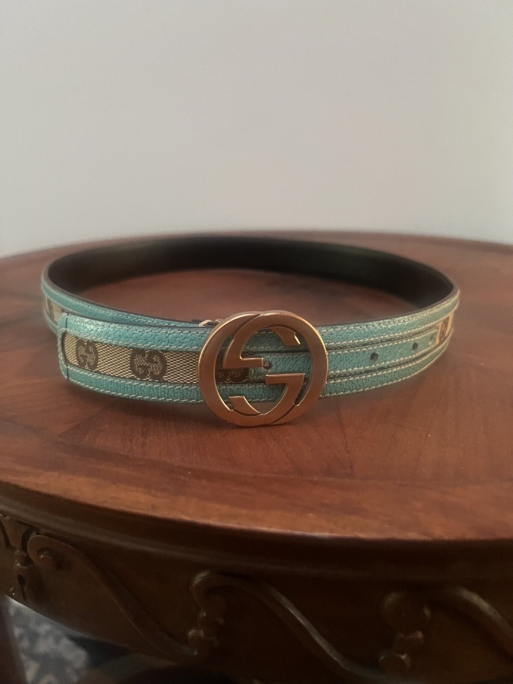 Gucci GG Belt With Turquoise Leather Trim